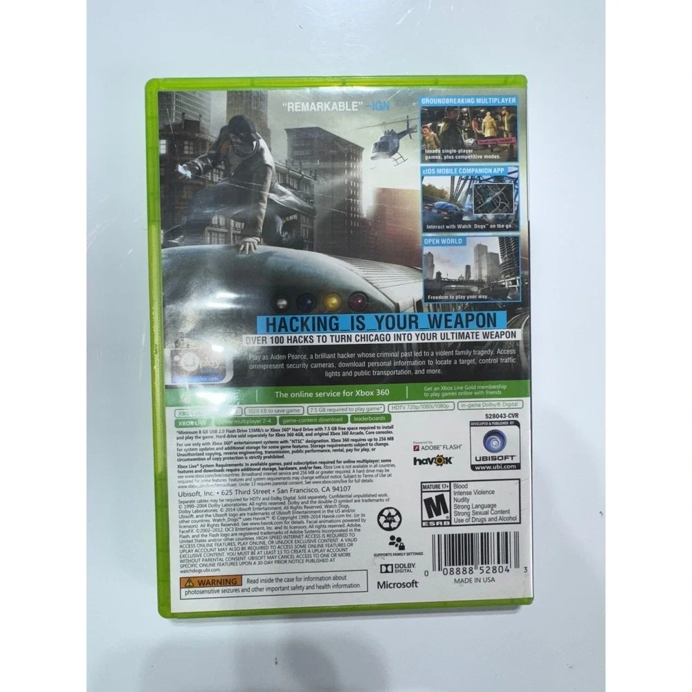 Ubisoft Watch Dogs Green Xbox 360 Video Game Action Adventure Open World